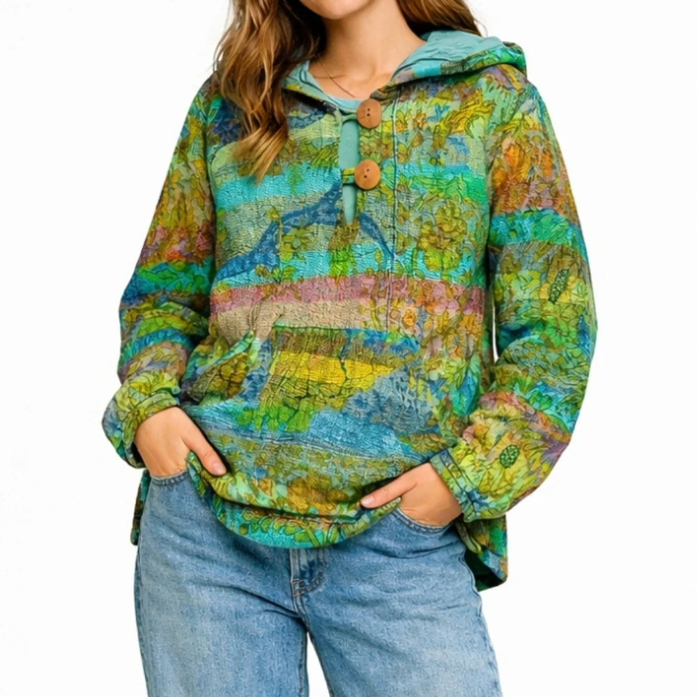 Rare 90s Cotton Exotic Safari Bohemian Hoodie Medium Yellow Teal Sunflower